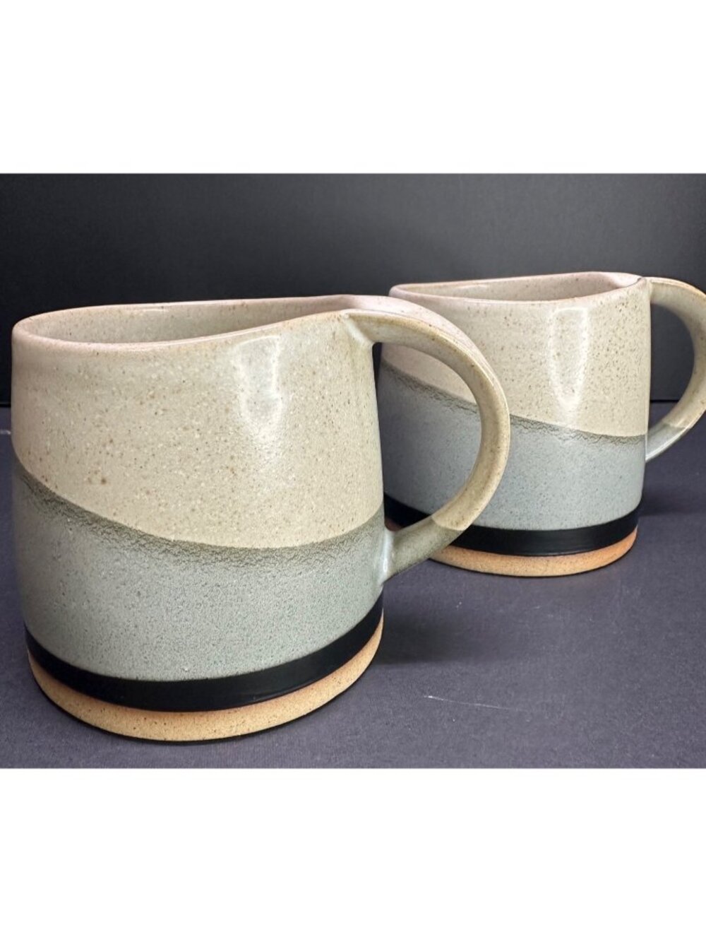Well Covered Set Of 2 Handmade Mugs MCM Two-Tone Design Beige Gray Blue 3" Tall